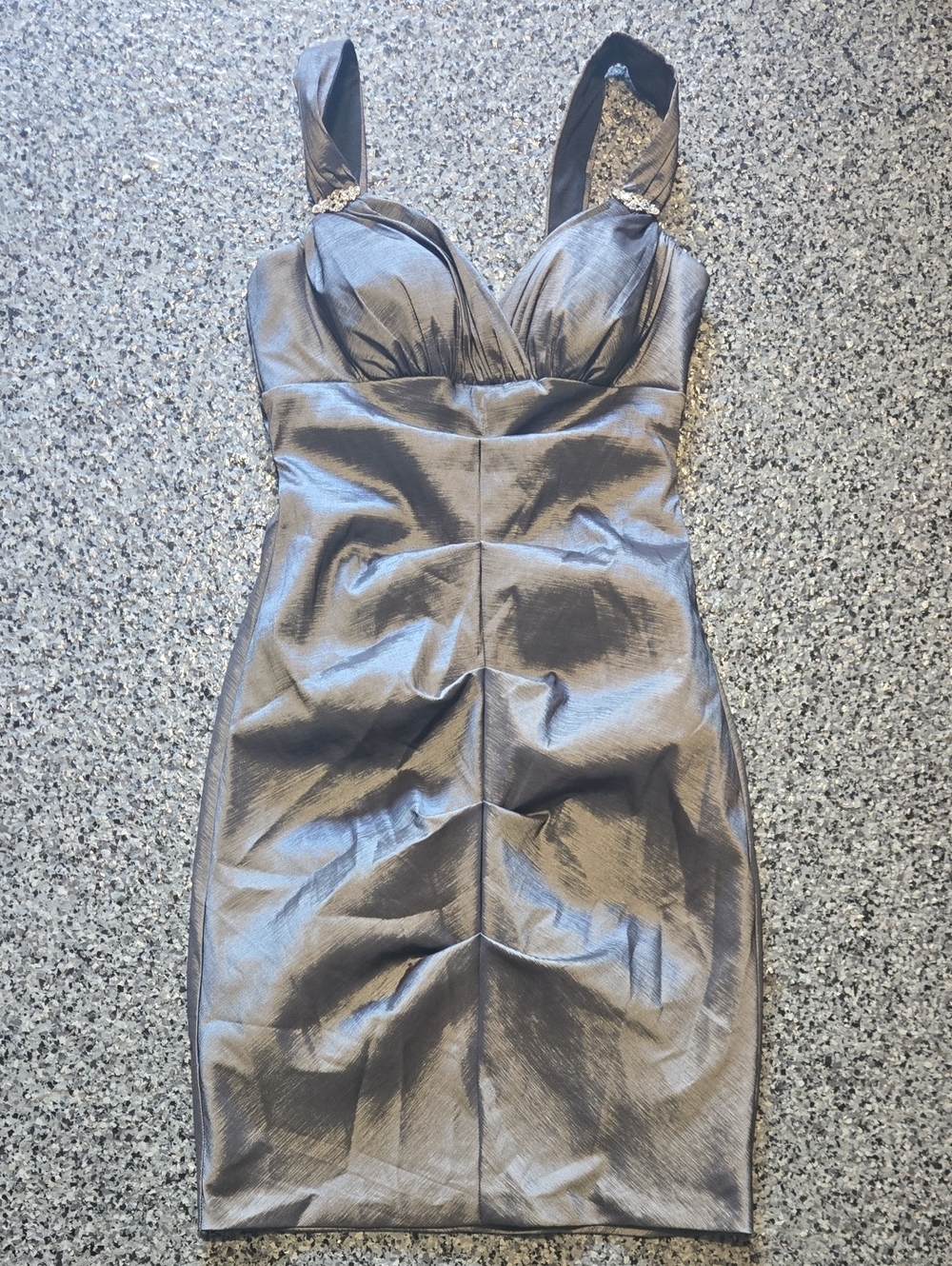 Laura Petite Mid-Length Metallic Gray Sheath Dress with Embellished Straps